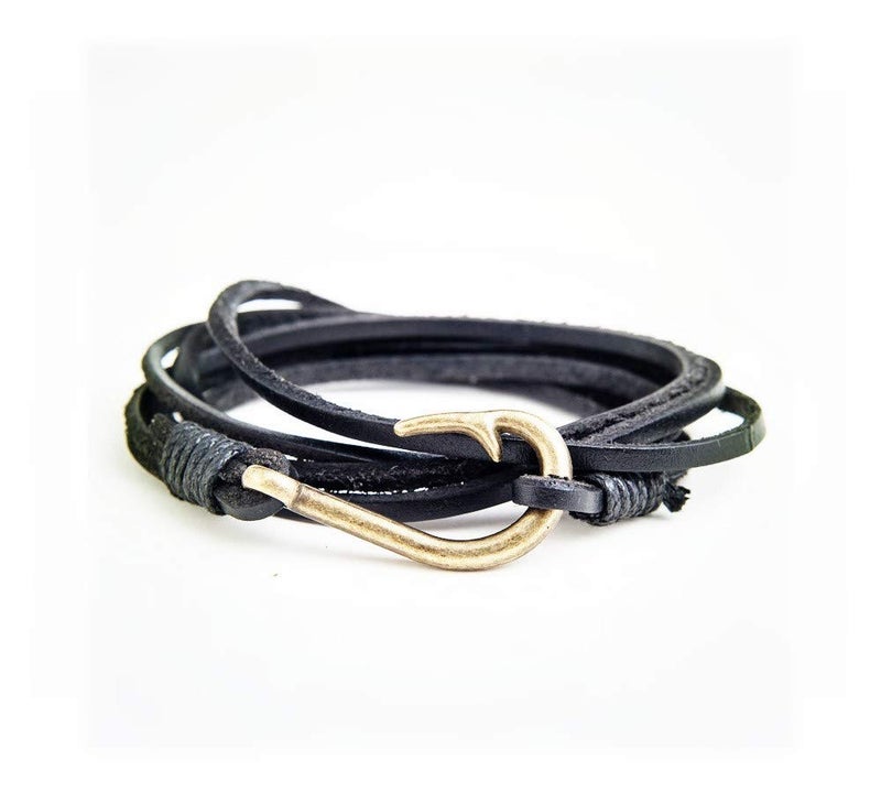 JOYID Caiyao Fish Hook Leather Wrap Braided Bracelet Multi-layer Handwork Punk style Fish Clasp Bracelet for Men- Black 2 - Image 1